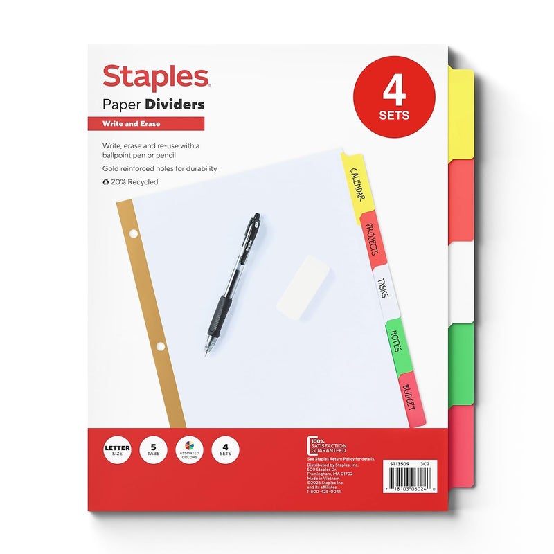Staples 477148 Big Tab Write-On Blank Paper Dividers 5-Tab Multicolor 4 Sets/PK - Image 1